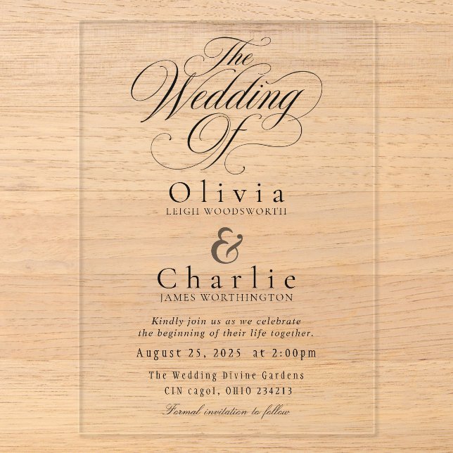 Invitación de Acrílico para Boda con Letra Elegant (Anverso)
