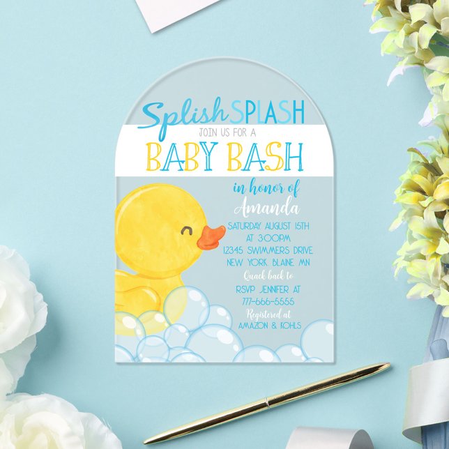 Invitación de acrílico única para baby shower de p (Watercolor Rubber Duck Baby Shower Unique Frosted Acrylic Invitation - Boy Baby Shower)