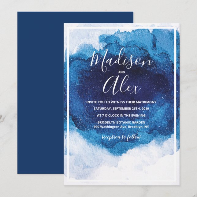 Invitación de Acuarela Azul de Boda (Anverso / Reverso)