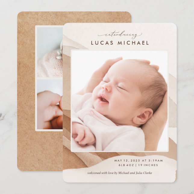 Invitación de acuarela beige neutra de género Boho (Anverso / Reverso)