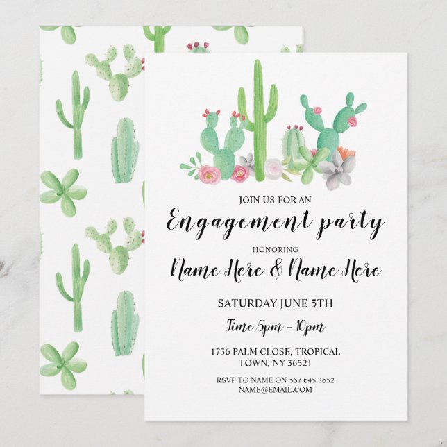 Invitación de acuarela Cactus Cacti de la Parte de (Anverso / Reverso)