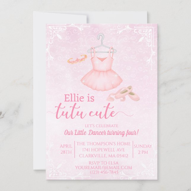 invitación de acuarela de bailarina con tutú rosa  (Anverso)