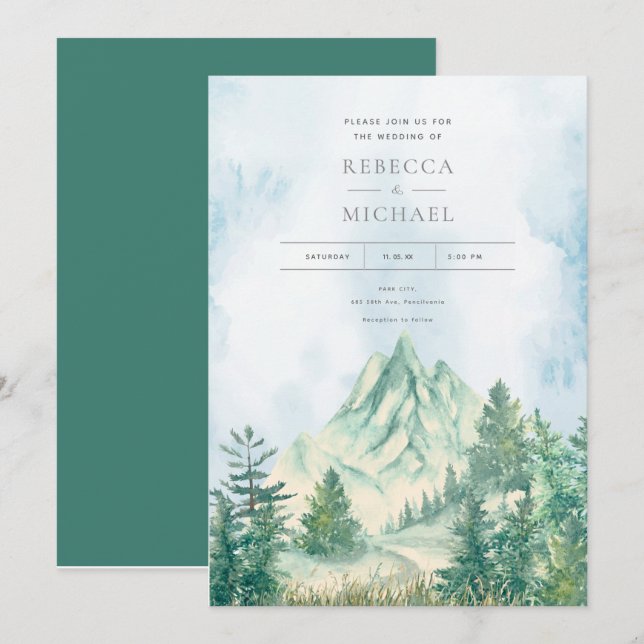 Invitación de acuarela de bosque de pinos montaños (Anverso / Reverso)