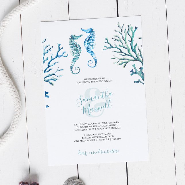 Invitación de Acuarela de Caballito de Mar Azul Tu (Beach wedding invitations template with seahorse watercolor art by Victoria Grigaliunas)