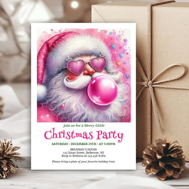 Invitación de acuarela de chicle rosa de Santa Cla (Lovely pink santa chewing gum watercolor invite card)