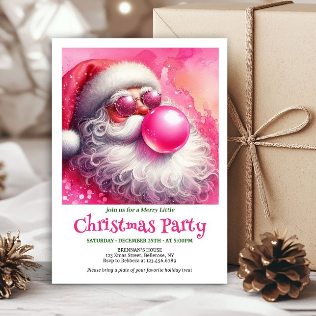 Invitación de acuarela de chicle rosa festivo de S (Festive pink santa chewing gum watercolor invite card)