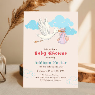 Invitación de Acuarela de Cigüeña para Baby Shower