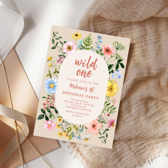 Invitación de Acuarela de Cumpleaños de Wild One c (Pastel wildflowers watercolor summer garden first birthday invitation)