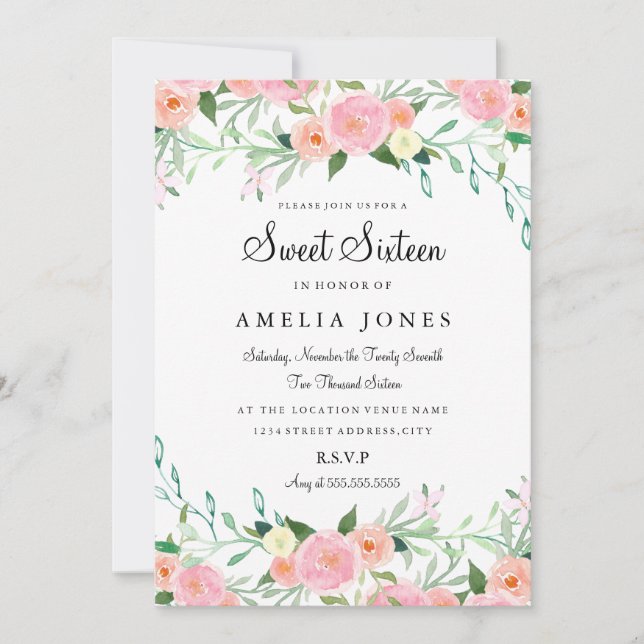 Invitación de Acuarela de Flor de Dulces Dieciséis (Anverso)
