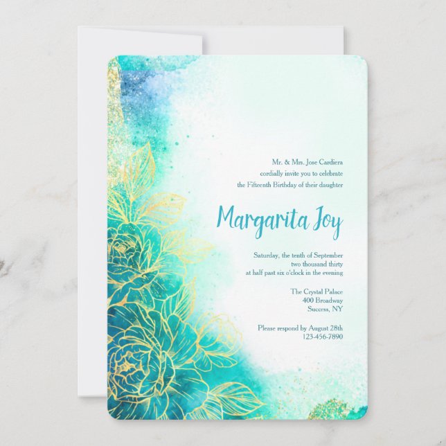 Invitación de Acuarela de Flores Doradas Verde Azu (Anverso)