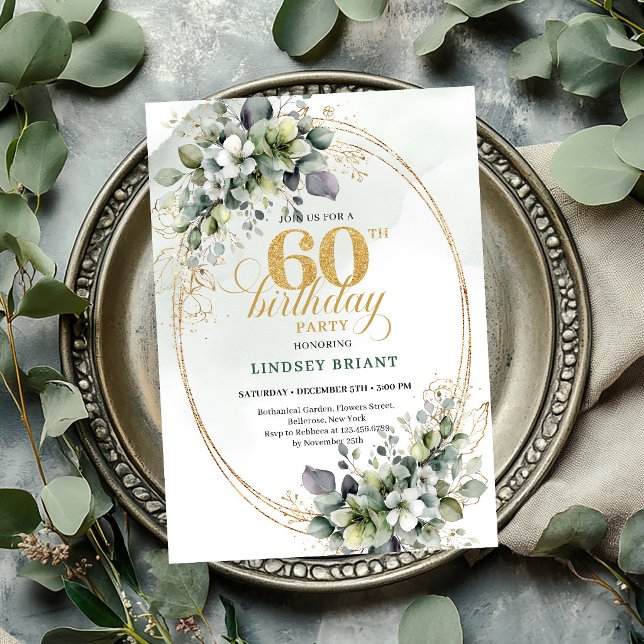 Invitación de acuarela de hoja de cumpleaños 60 bo (Botanical 60th Birthday Watercolor Leaf Invite

)