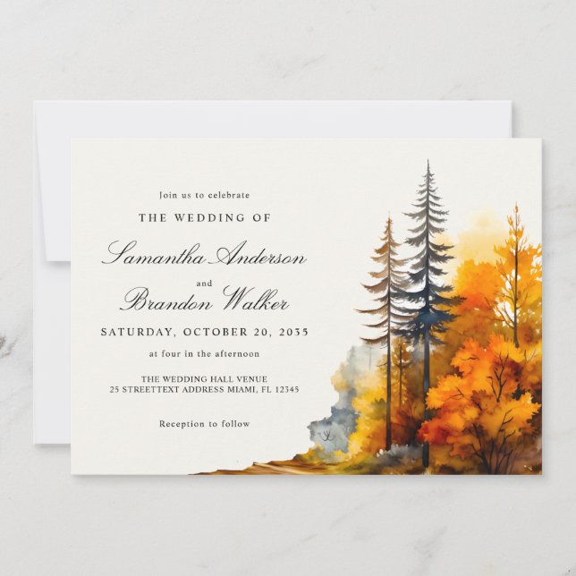 Invitación de acuarela de otoño al bosque enamorad (Anverso)