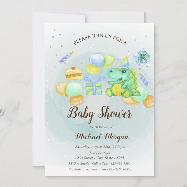 Invitación de acuarela Dino, pastel, regalos (Anverso)