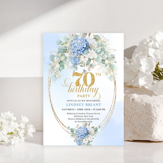 Invitación de Acuarela Floral Azul para Cumpleaños (Luxury 70th Birthday Blue Floral Watercolor Invitation)