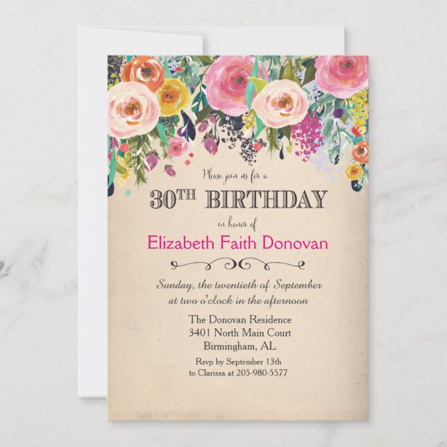 Invitación de Acuarela Floral Cumpleaños 30 (Anverso)