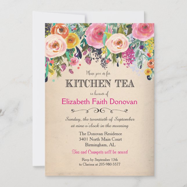Invitación de Acuarela Floral para Té de Cocina (Anverso)