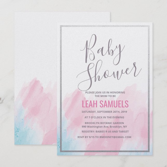 Invitación de Acuarela Pastel para Baby Shower (Anverso / Reverso)