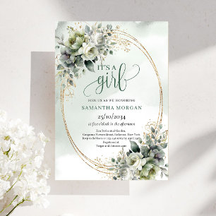 Invitación de Acuarela Verde Dorado Es Una Niña