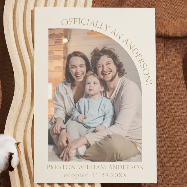 Invitación de Adopción Cream Gold Modern Arch Phot (cute modern arch boho child adoption announcement card photo cream and gold )