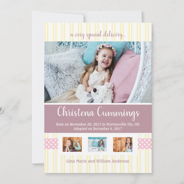 Invitación de adopción de tiras de guardería rosad (Anverso)