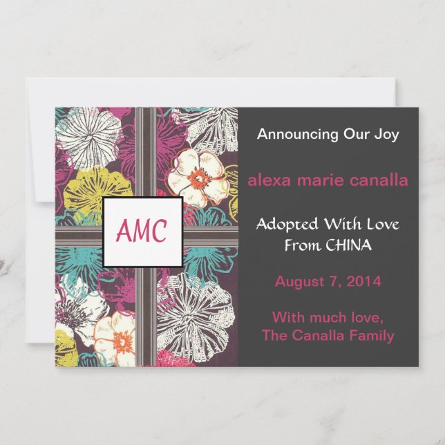 Invitación de Adopción Monogramada de Floral Asiát (Anverso)