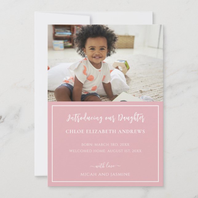 Invitación de adopción raya rosa y blanca (Anverso)