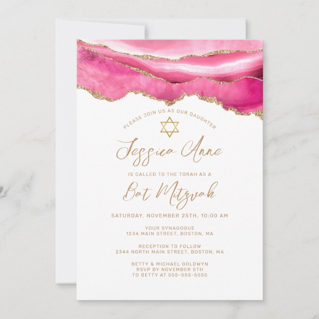 Invitación de Agate Purpurina de Oro Rosado Bat Mi (Anverso)