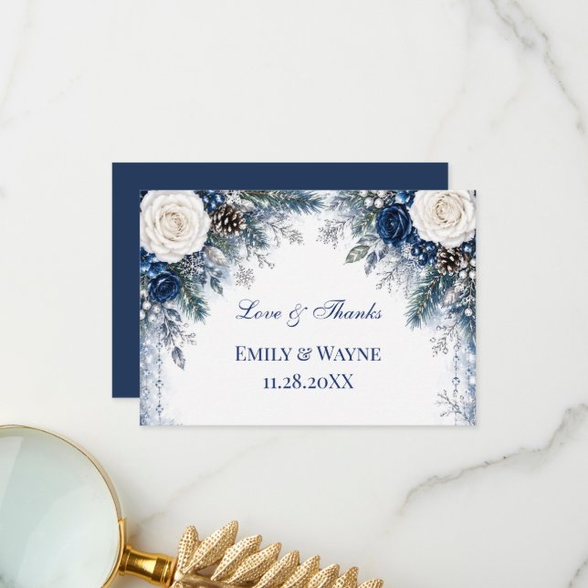 Invitación de agradecimiento de rosa blanca y azul (Anverso/Reverso In Situ)