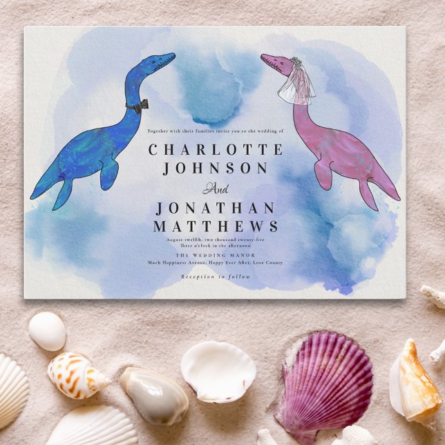 Invitación de agua marina de acuarela de boda con  (Watercolor sea fun dinosaur theme wedding invitation in blue purple and pink)