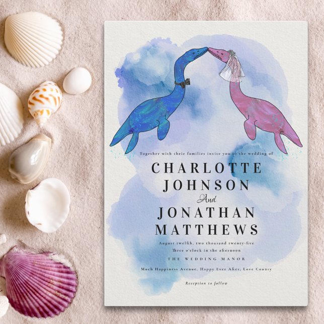 Invitación de agua marina de acuarela de boda temá (Dinosaur theme wedding watercolor blue purple sea invitation)