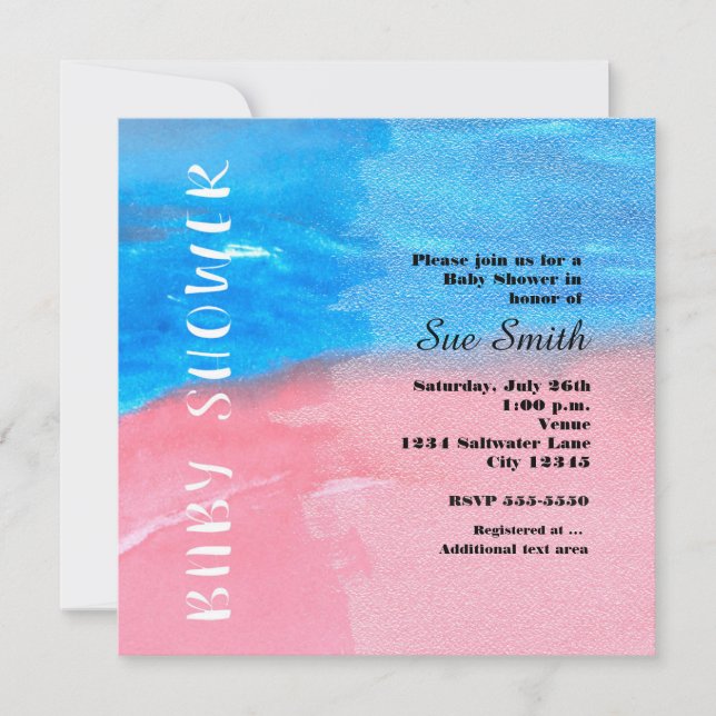 Invitación de agua para ducha de bebé azul y rosa  (Anverso)