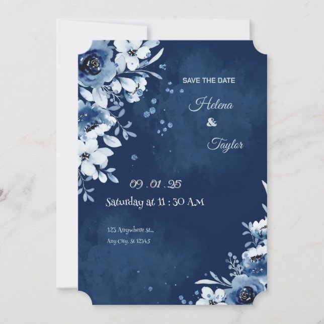 Invitación de Ahorra la Fecha para Boda Azul Elega (Anverso)