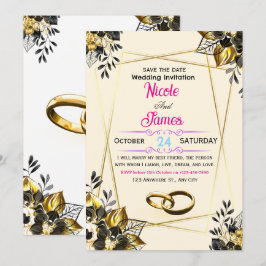 Invitación de Ahorro de Boda Floral Dorado Negro