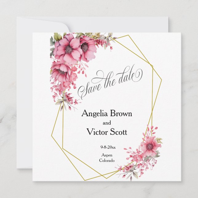 Invitación de ahorro de fecha floral rosa (Anverso)