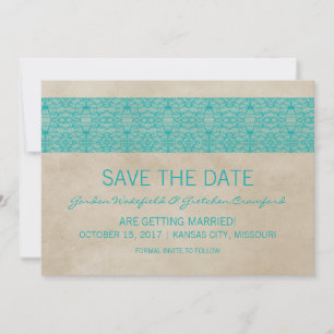 Invitación de Ahorro de Fecha Teal Rustic Lace