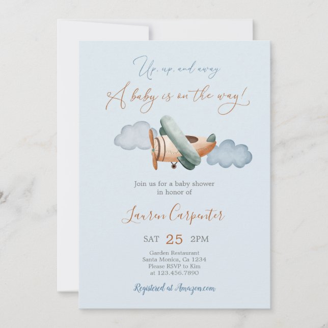 Invitación de Airplane Baby Shower Boy (Anverso)