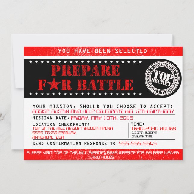 Invitación de Airsoft 'Prepárese para la Batalla'  (Anverso)