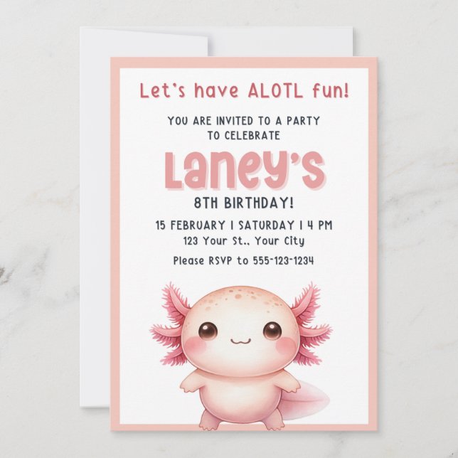 Invitación de ajolote para niñas cumpleañeras, Inv (Anverso)