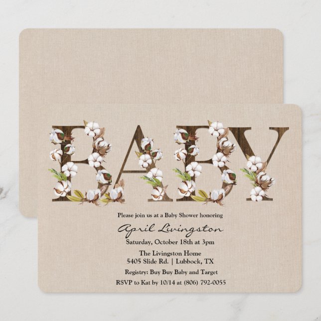 Invitación de alfabeto de algodón para baby shower (Anverso / Reverso)