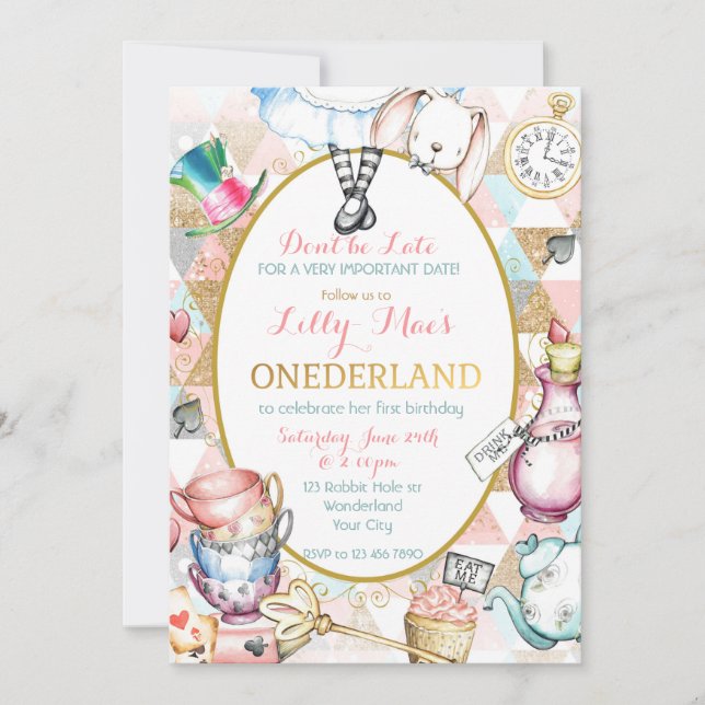 Invitación de Alice In Wonderland, Primer Cumpleañ (Anverso)