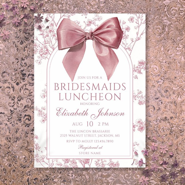 Invitación de almuerzo de Damas de Honor con Lazo  (Vintage Pink Bow Floral Bridesmaids Luncheon Invitation)