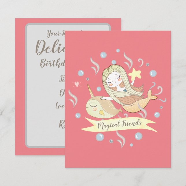Invitación de amigos de sirena adorable y narval (Anverso / Reverso)