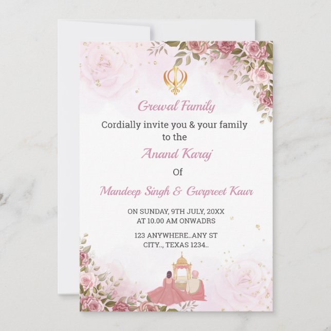 Invitación de Anand Karaj, tarjeta Boda Sikh (Anverso)