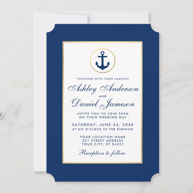 Invitación de Ancla Azul Boda Náutico W (Anverso)