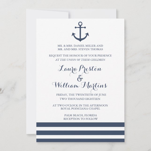 Invitación de Ancla Náutica y Boda a Rayas (Anverso)