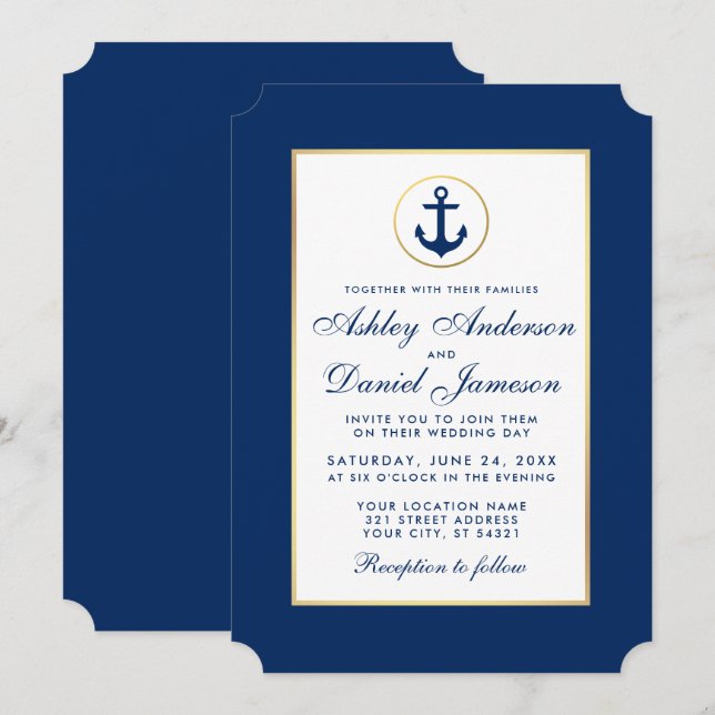 Invitación de anclaje azul Boda náutico (Anverso / Reverso)