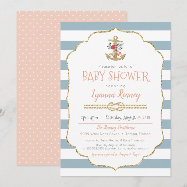 Invitación de anclaje floral de Baby Shower náutic (Anverso / Reverso)