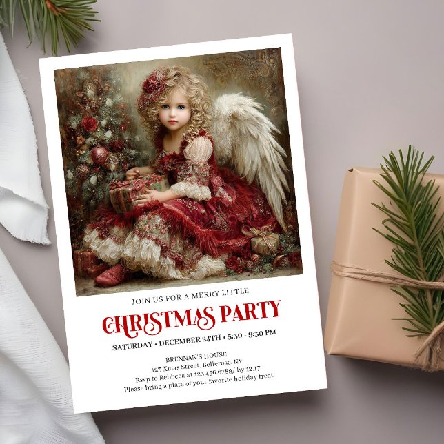 Invitación de Ángel de Navidad Clásico Rojo Verde  (Classic Christmas Angel Invitation Red Green Gold)