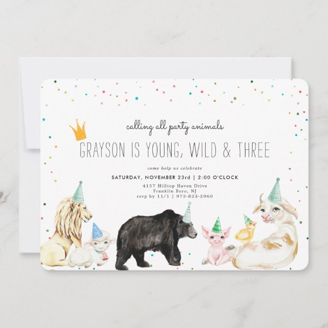 Invitación de animal de fiesta simple moderna (Anverso)