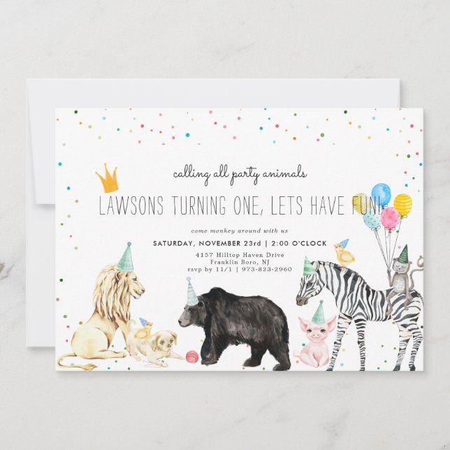 Invitación de animal de fiesta simple moderna (Anverso)